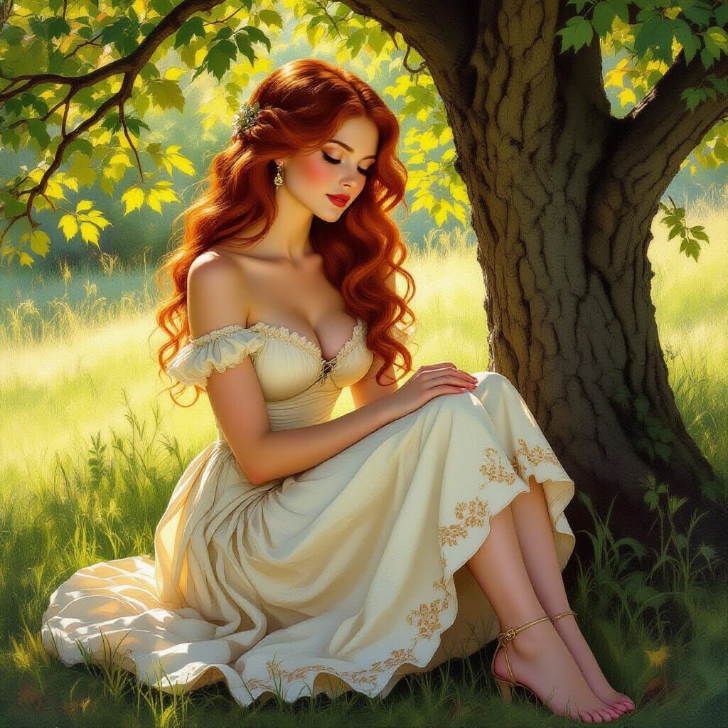 Fair Woman with Red Hair in Sunny Garden