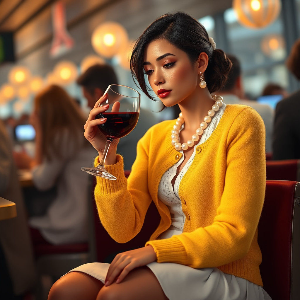 Brunette in Yellow Cardigan at Airport Bar