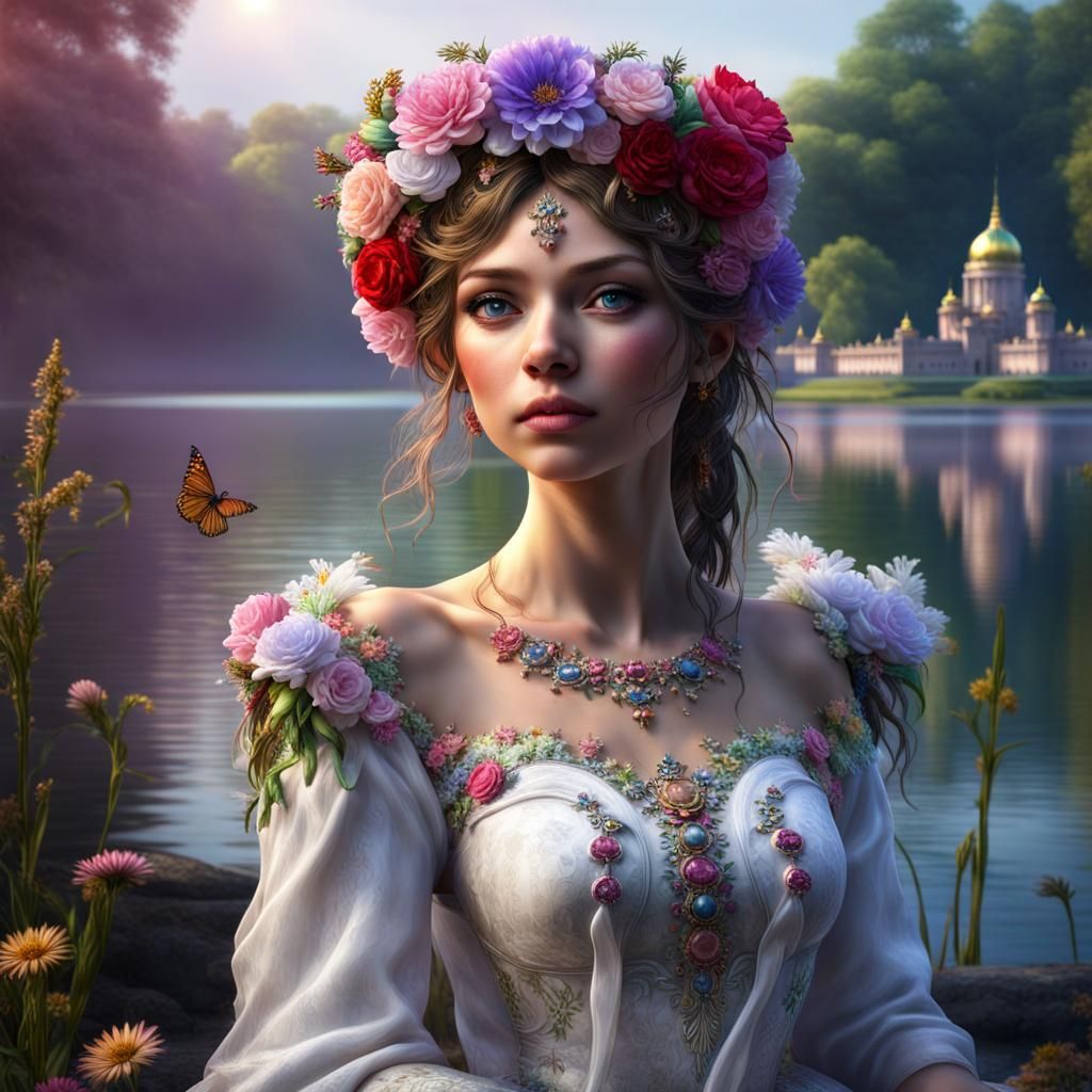 Hyperrealistic Fairy by Lake with Flower Crown