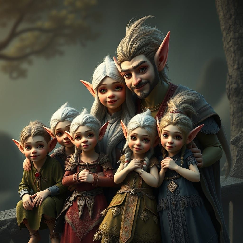 Whimsical Family of Half-Elves Half-Trolls in Vibrant Fantas...