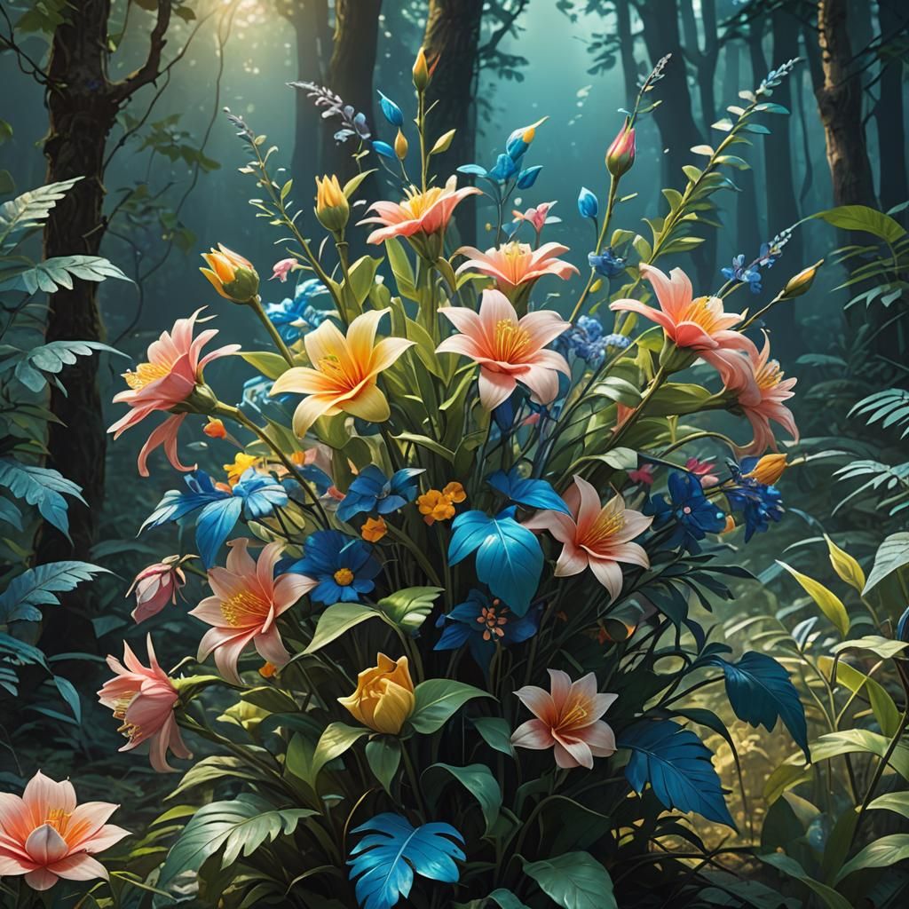 Exotic Flowers in Lush Forest, Mystical Realism