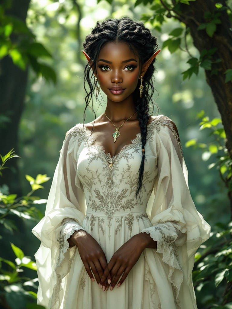 Stunning Ebony Elf Maiden in White Elven Gown, Forest Half-B...
