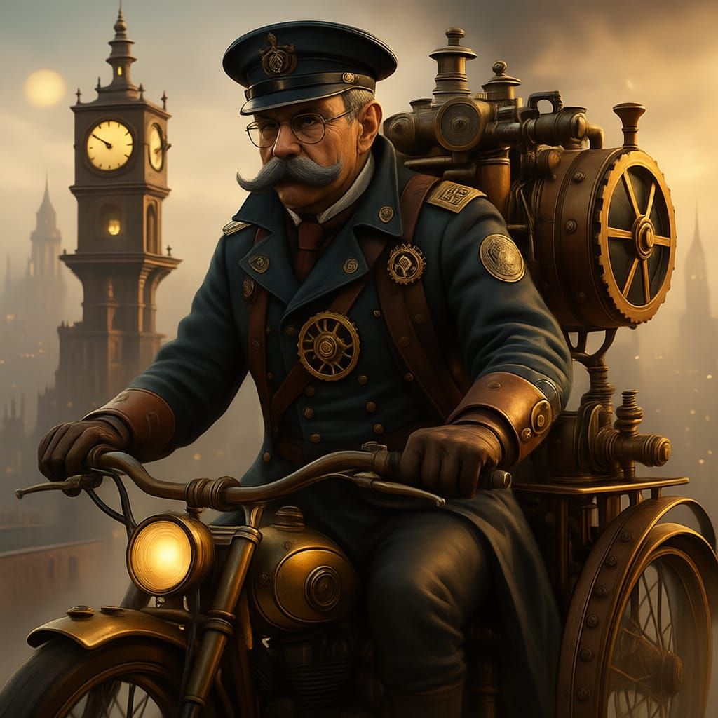 Steampunk Colonel on Bicycle, Detailed Matte Painting
