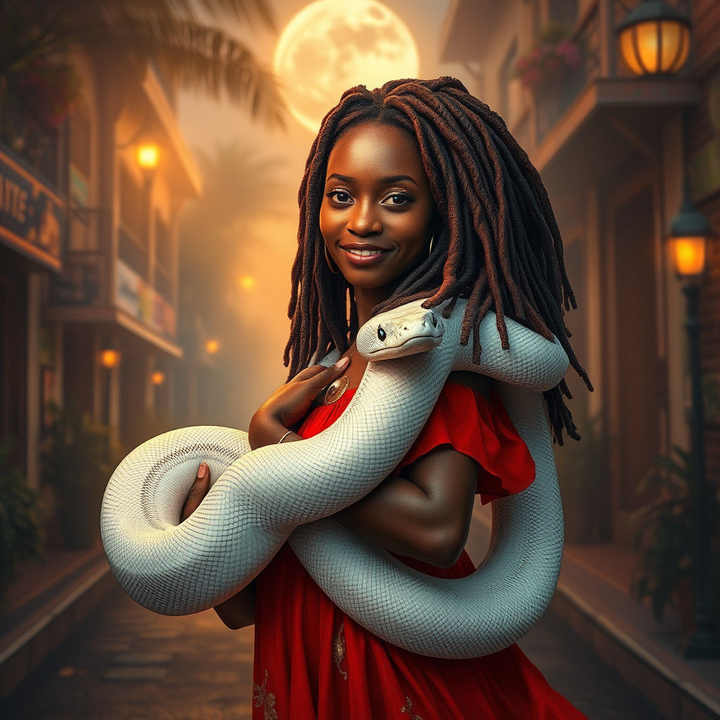 African Woman with Python in Dreamlike Fantasy Style