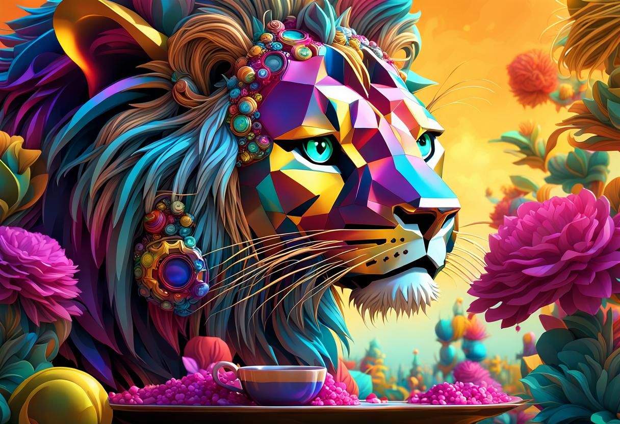 Lion in Teacup Machine: Expressionist 3D Render