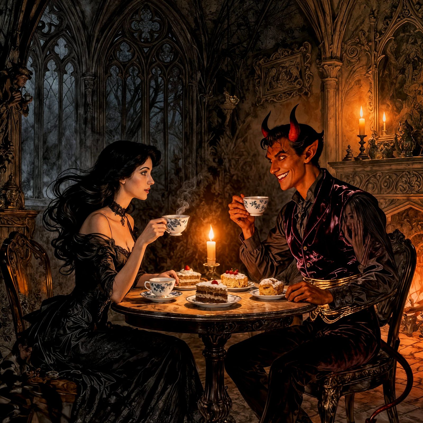 Devil and Wife Enjoying Tea and Cake Together