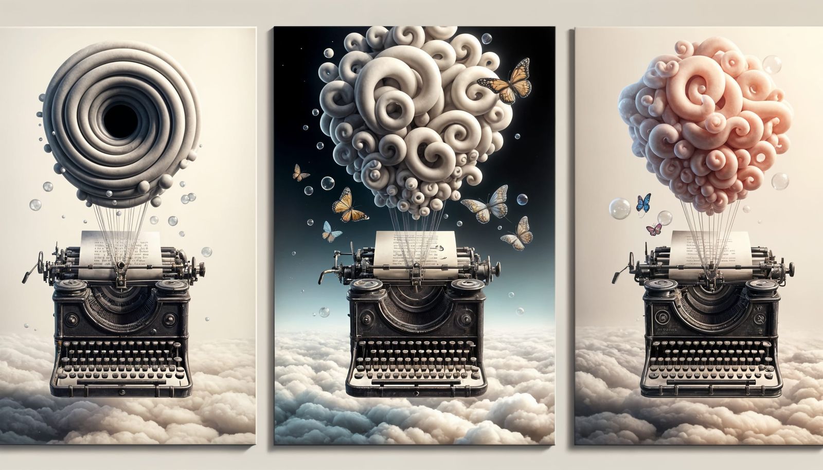 Typewriter with Black Hole Keys in Empty White Room