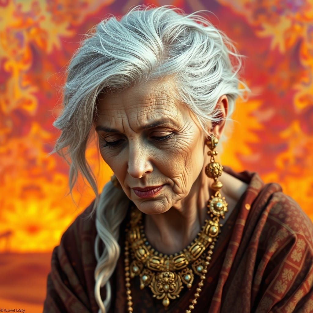 Elegant Woman Lost in Thought in Vibrant Sunset Landscape