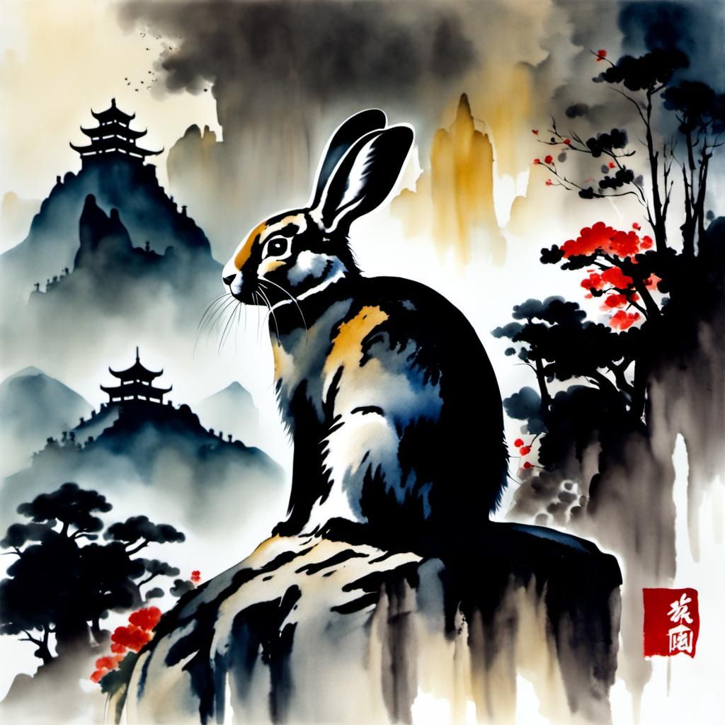 Oriental Ink Wash Rabbit with Temple Background
