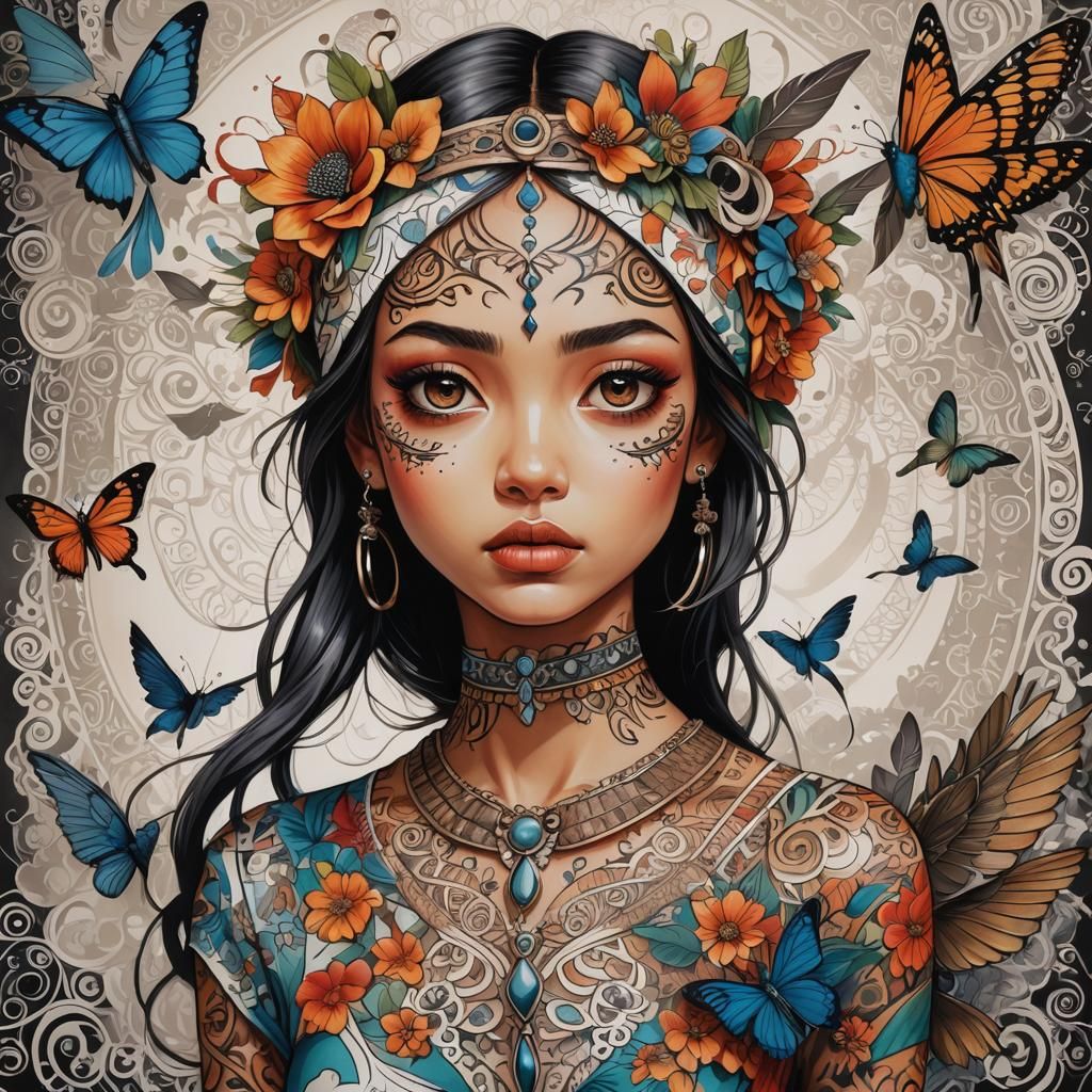 Captivating Girl with Bird Motif in Conceptual Art