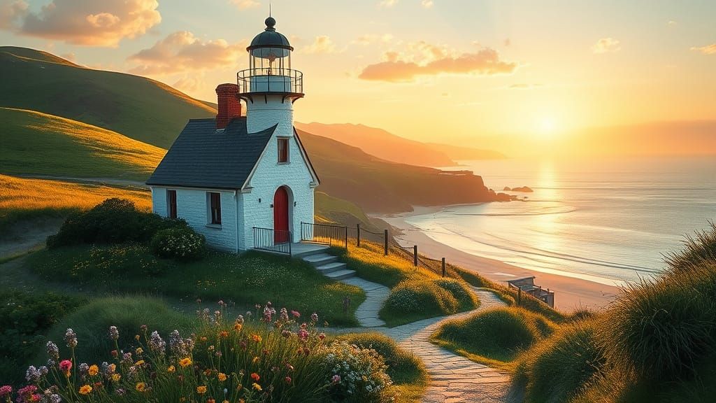 Lighthouse Cottage at Sunset: Pastoral Landscape
