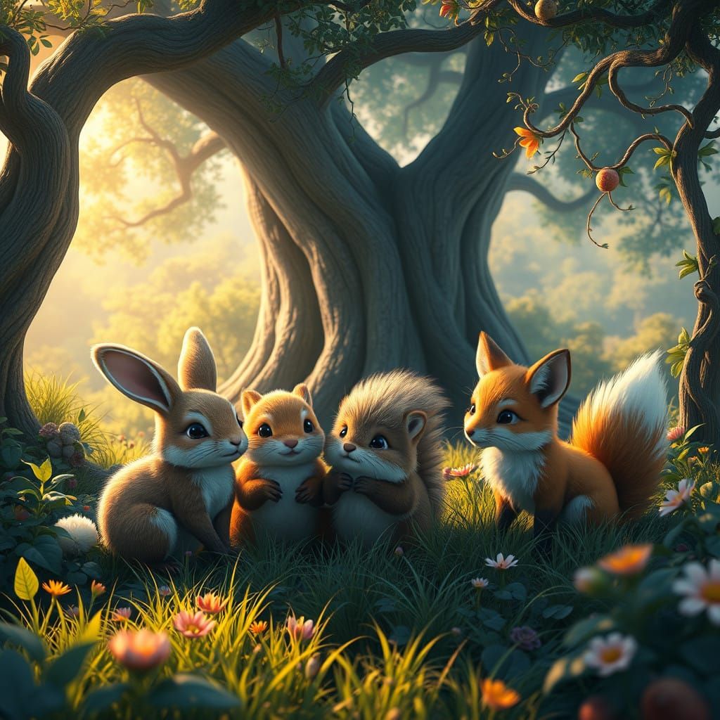 Fluffy Fantasy Creatures Gather in Vibrant Meadow