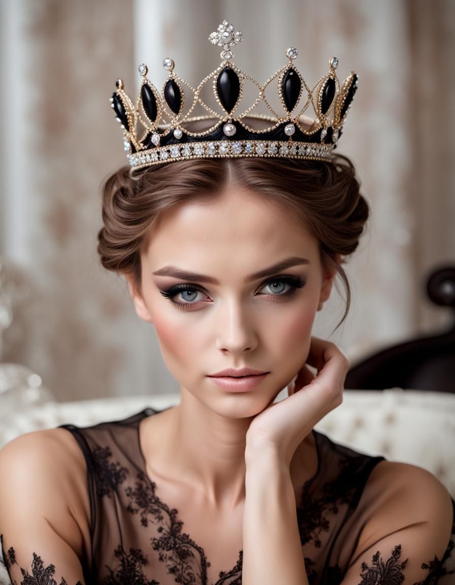 Elegant Queen in Black Peignoir: Hyperrealistic Photography