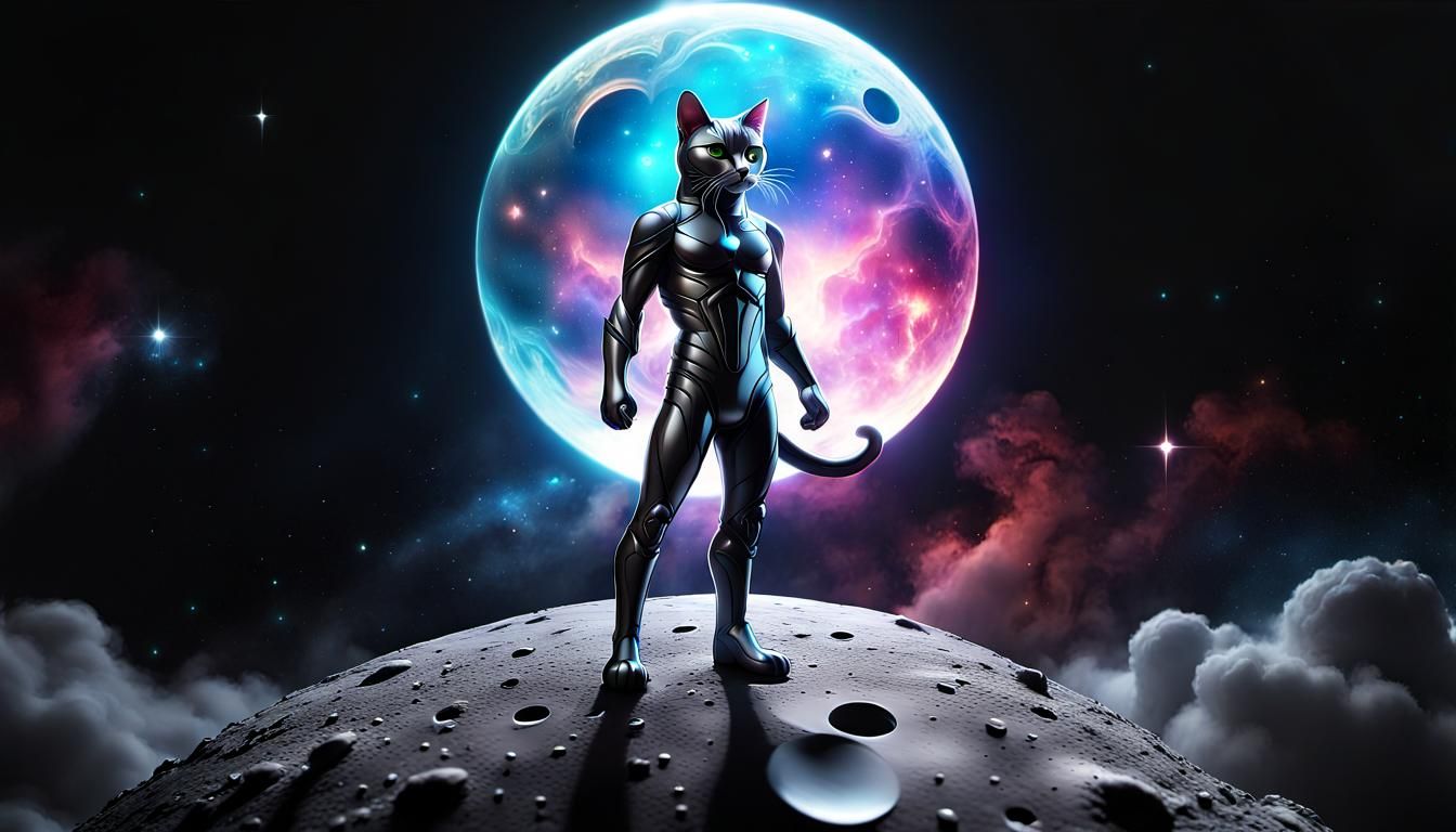 Superhero Cat Action Figure in Space, 3D Digital Art