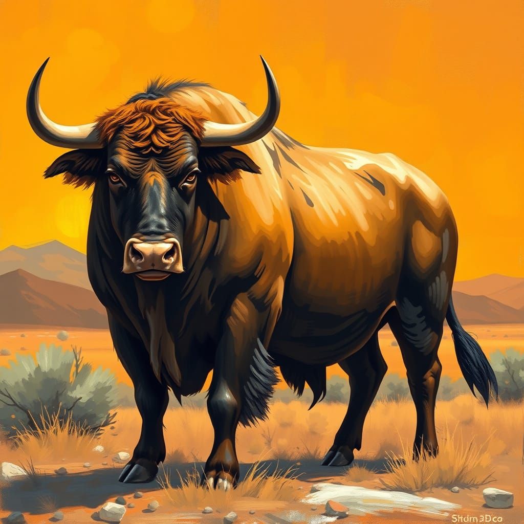 Majestic Bull in Golden Landscape, Stylized Art