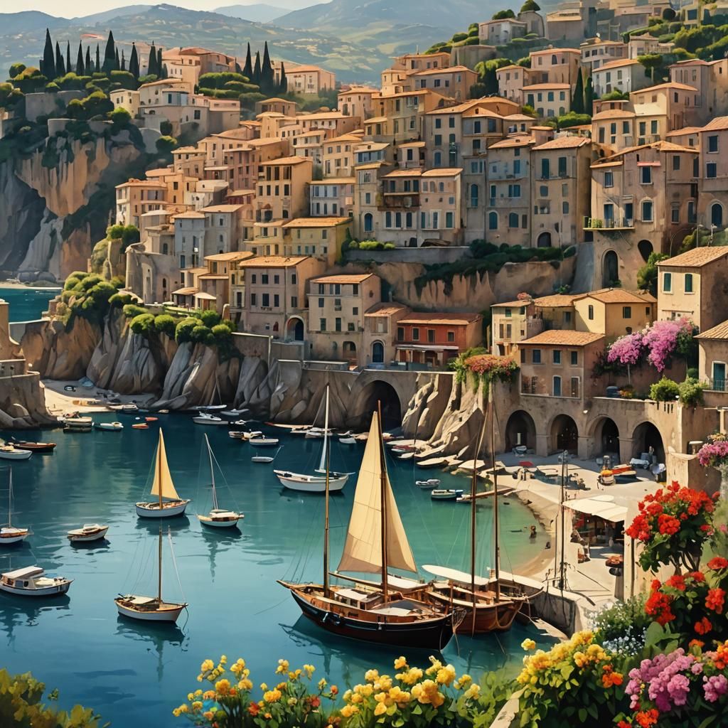 Italian Port with Sailboats in Watercolor Style