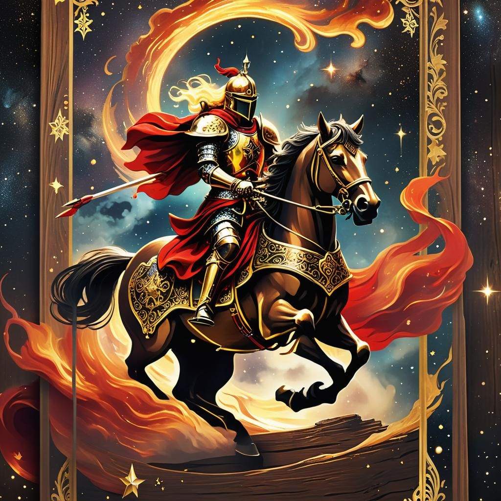 Fiery Knight Tarot Card in Metallic Ink Style