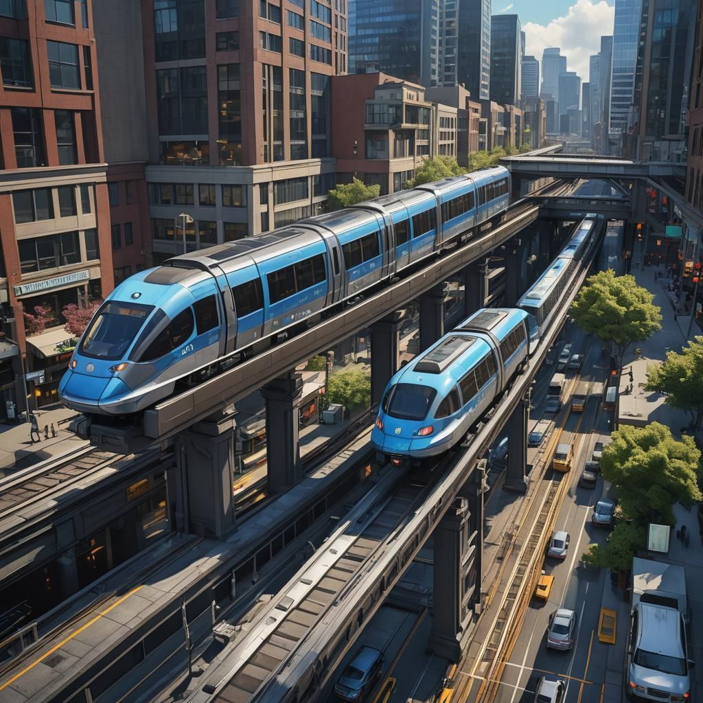 Blue Monorail Train to Space Needle, Detailed Digital Art
