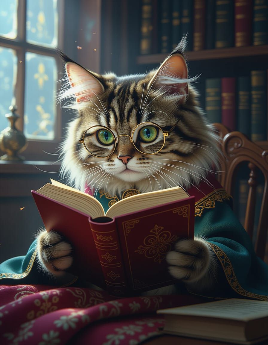 Cat Reading Fantasy Book in Mystical CGI Style