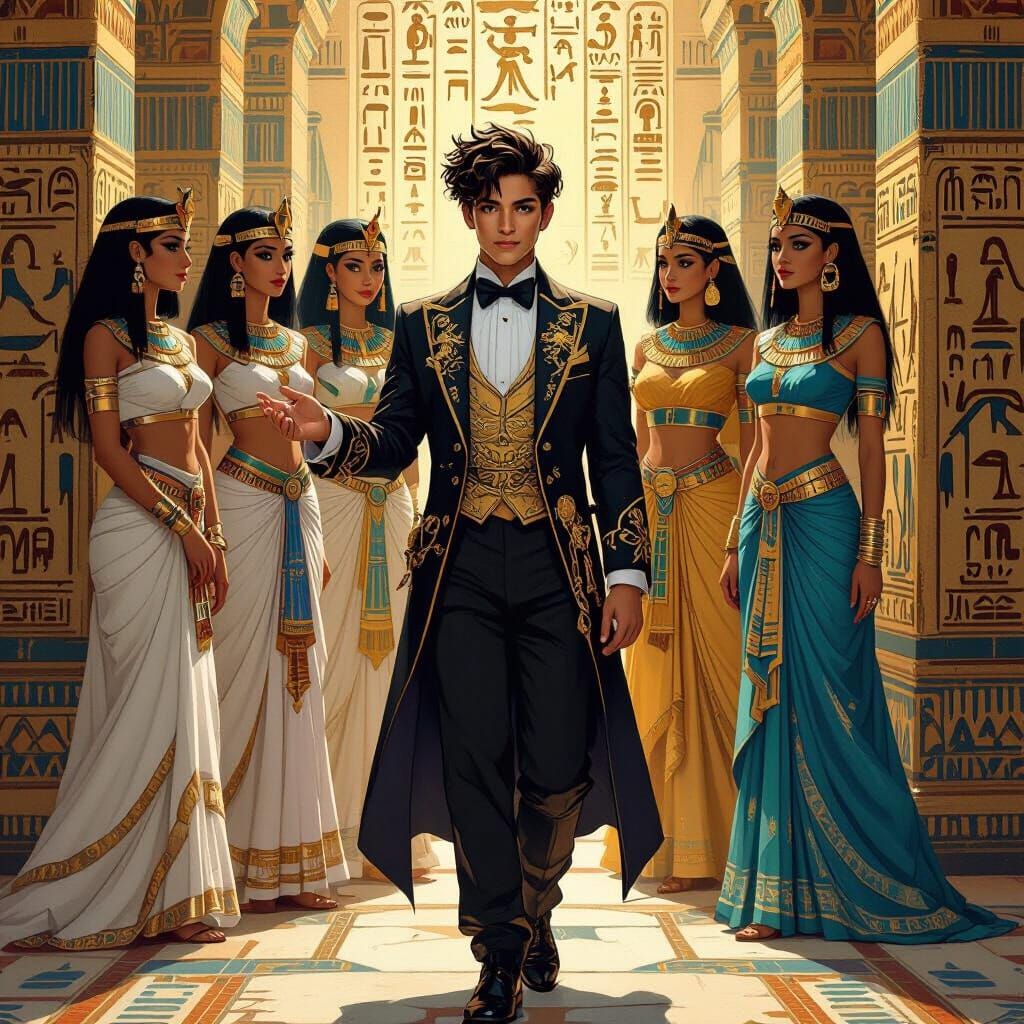 Magician Among Egyptian Princesses in Vibrant Art Style