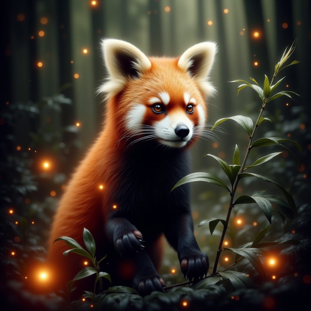 Hyperrealistic Fire Fox Red Panda in Dreamy Bamboo Forest