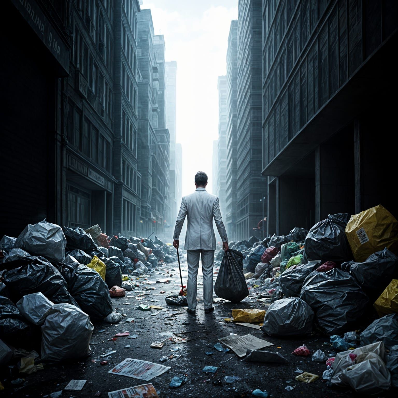 Trash Collector in Futuristic Cityscape