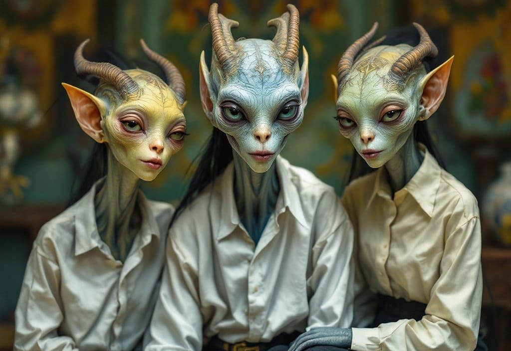 Smiling Alien Family in Beautifully Textured Bas Relief