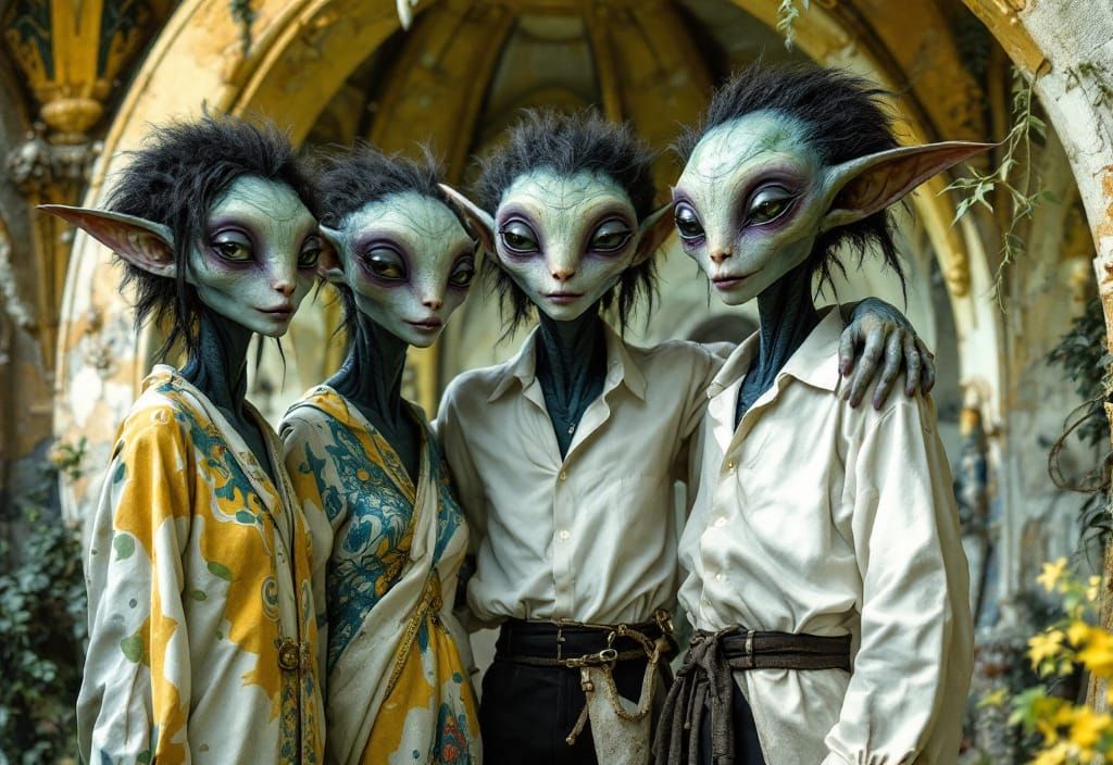 Happy Alien Family Portrait in Bas Relief Style