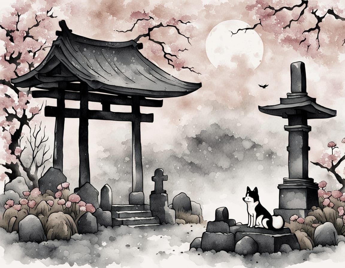 Shiba Inu at Rainy Japanese Graveyard: Ink Wash