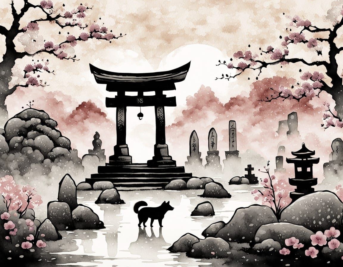 Shiba Inu at Graveyard: Japanese Ink Wash