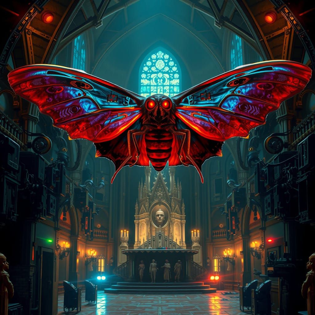 Iridescent Cyberpunk Moth in Neon Cathedral