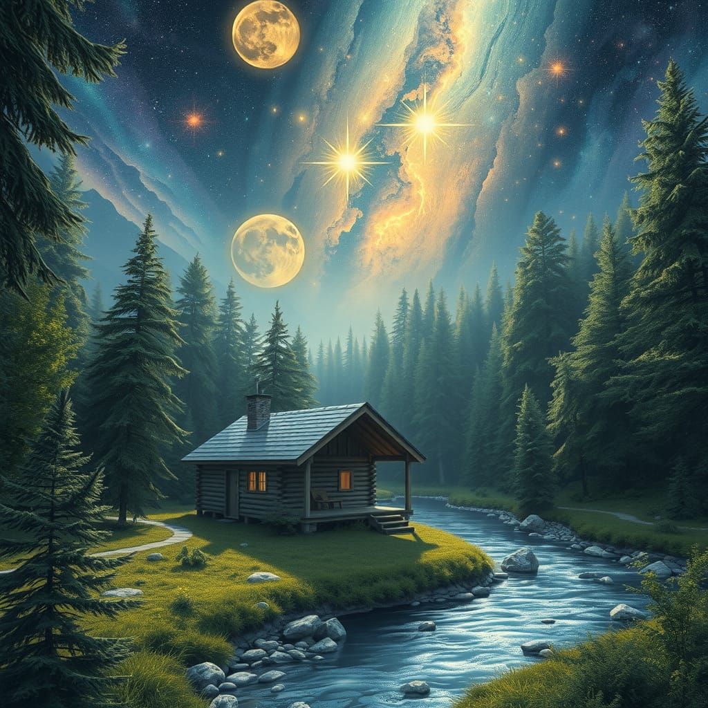 Cabin in Wooded Valley: Holographic Astral Illustration