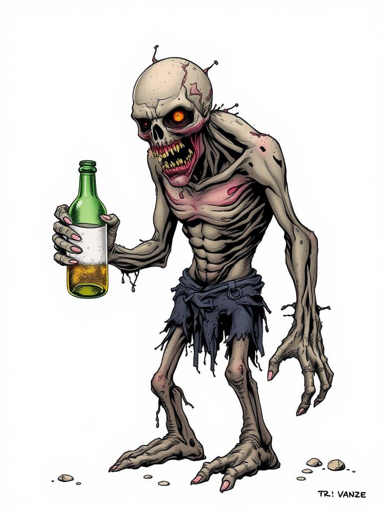 Grotesque Zombie with Beer, in Comic Style