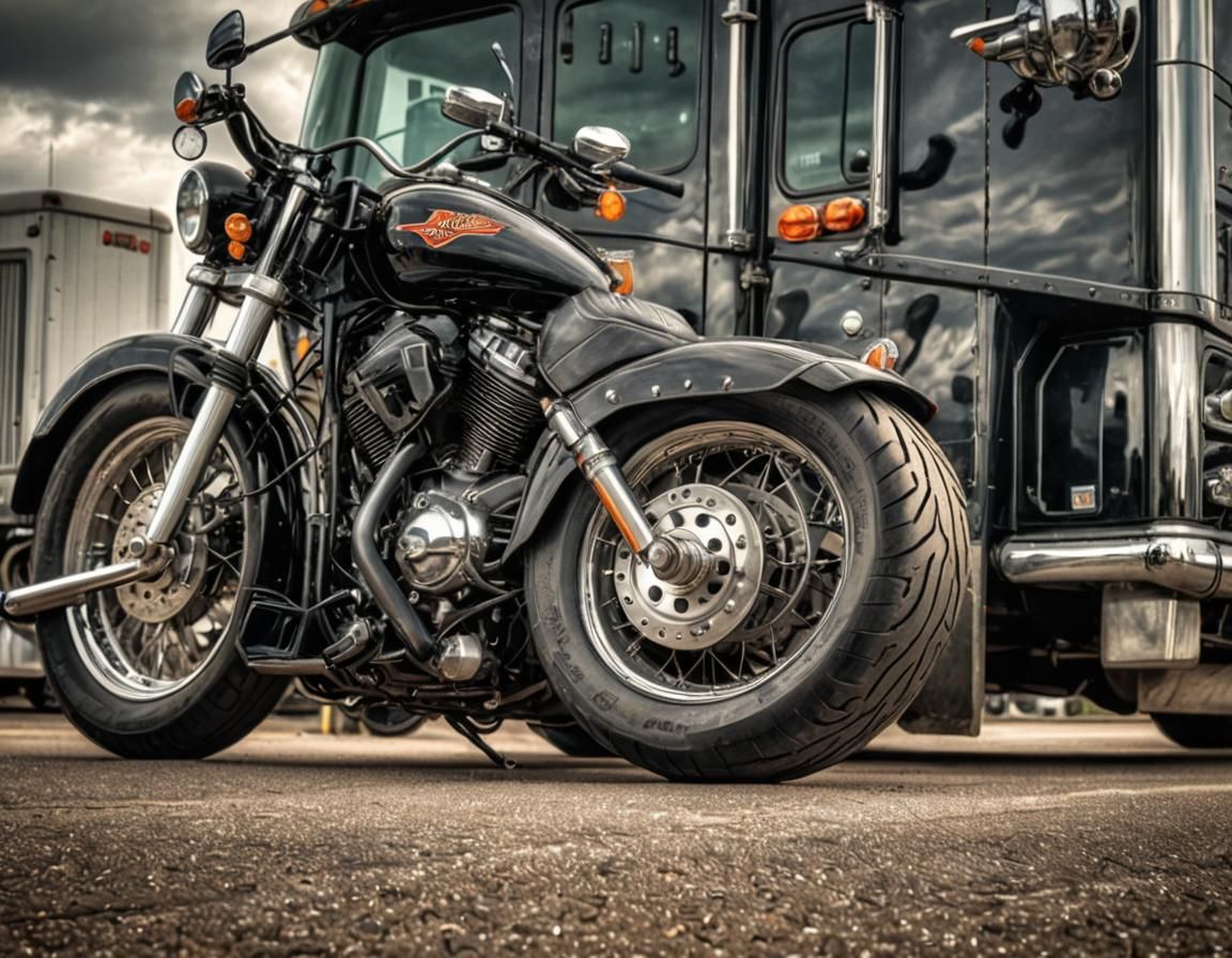 Hyperrealistic Harley Davidson and 18-Wheeler
