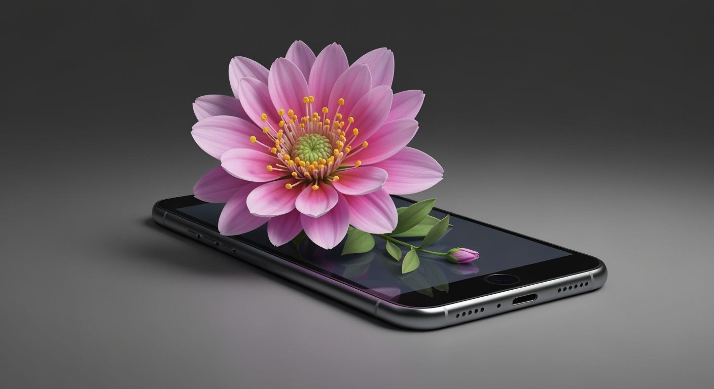 Beautiful flower growing tall out from a smartphone. Delicate details.