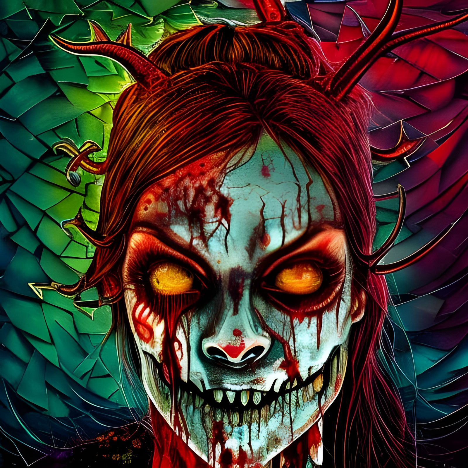 Bloody Horned Zombie Woman in Mosaic Horror Style