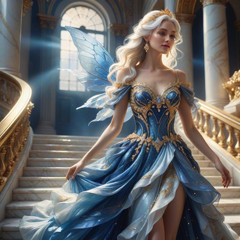 Elegant Fairy Descends Marble Staircase in Sparkling Gown