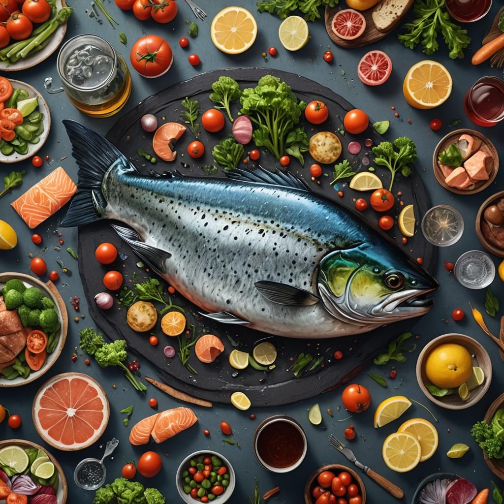 Salmon with Vegetables: Detailed Fantasy Art