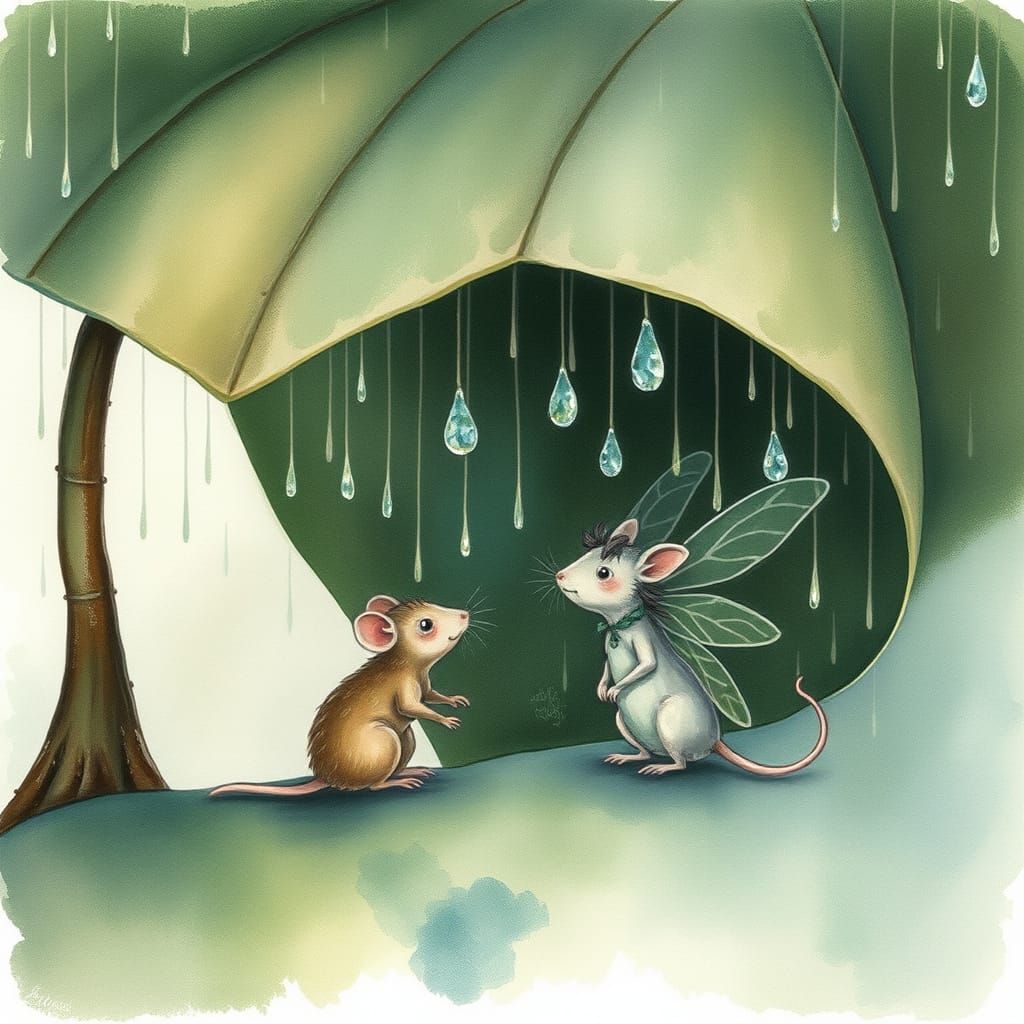 Fairy and Rat Seek Shelter From Rain, Watercolor Style