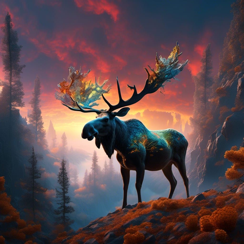 Majestic Moose Overlooks Misty Forest in Aurora Lights