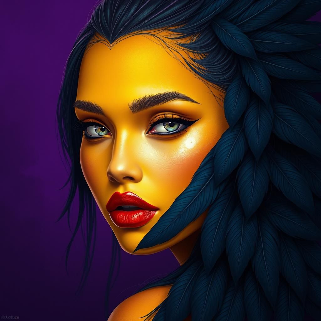Exotic Beauty with Feathers, Silver Eyes, in Digital Art