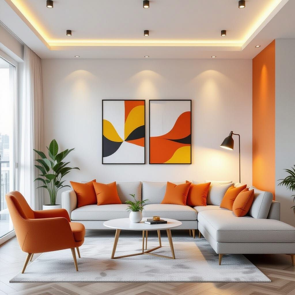 Vibrant Modern Living Room with Orange Accents