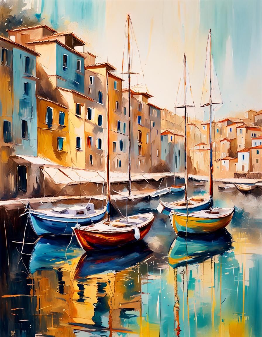 Expressionist acrylic painting. Medium shot. Small sailing b...