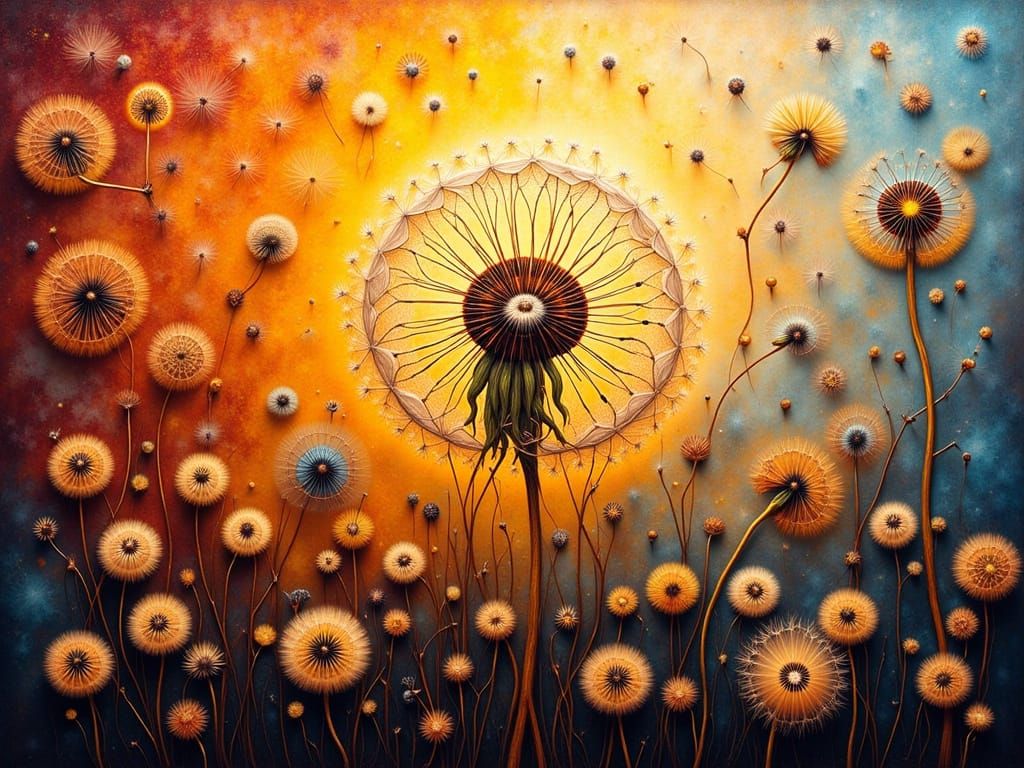 Surreal Dandelion Seeds in Dramatic Sunset Light