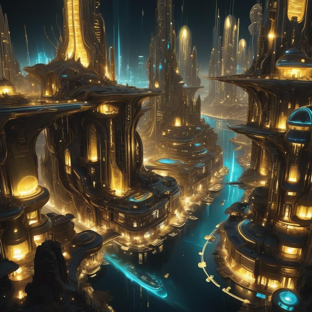 Futuristic Golden Bioluminescent City in HDR