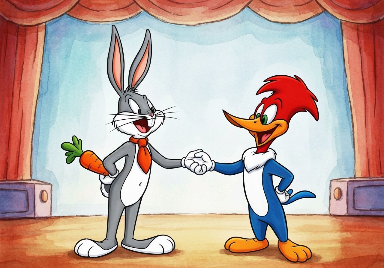 Bugs Bunny and Woody Woodpecker Handshake, Watercolor Style