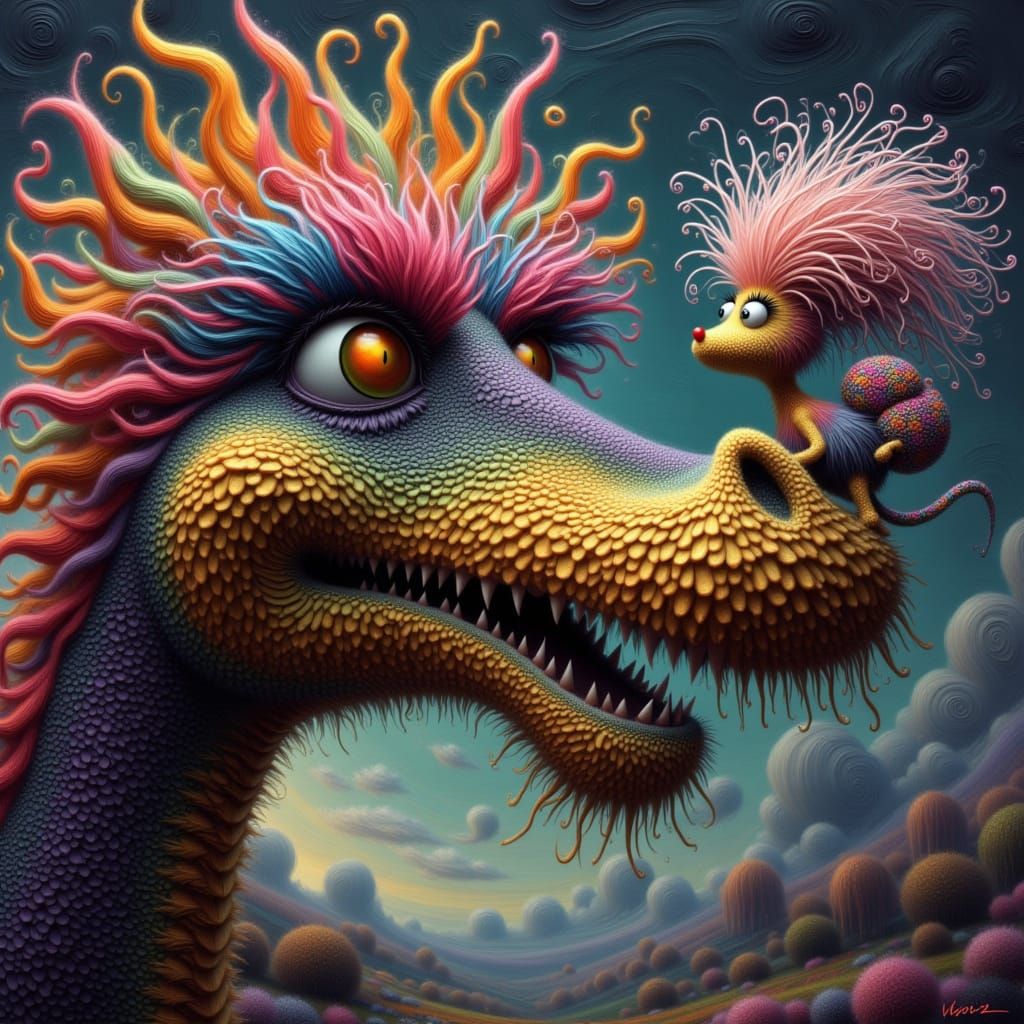 Dragon's Fiery Snout Meets Tiny Rainbow Creature