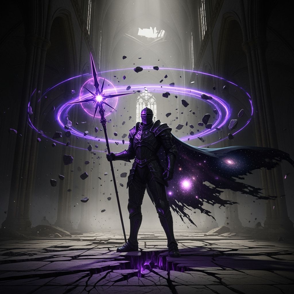 Knight in Liquid Obsidian Armor in Gothic Cathedral