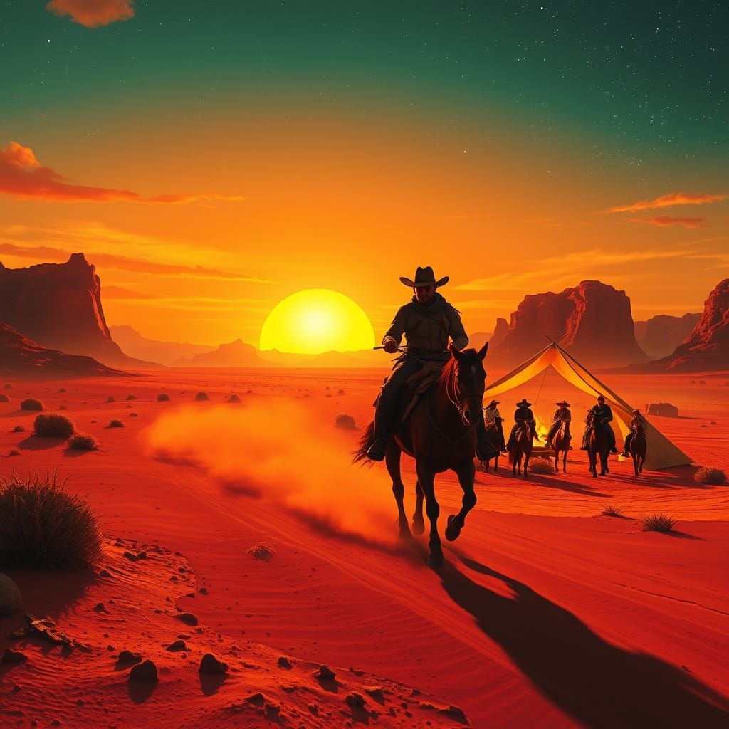 Futuristic Space Cowboy in Vibrant Desert Sunset