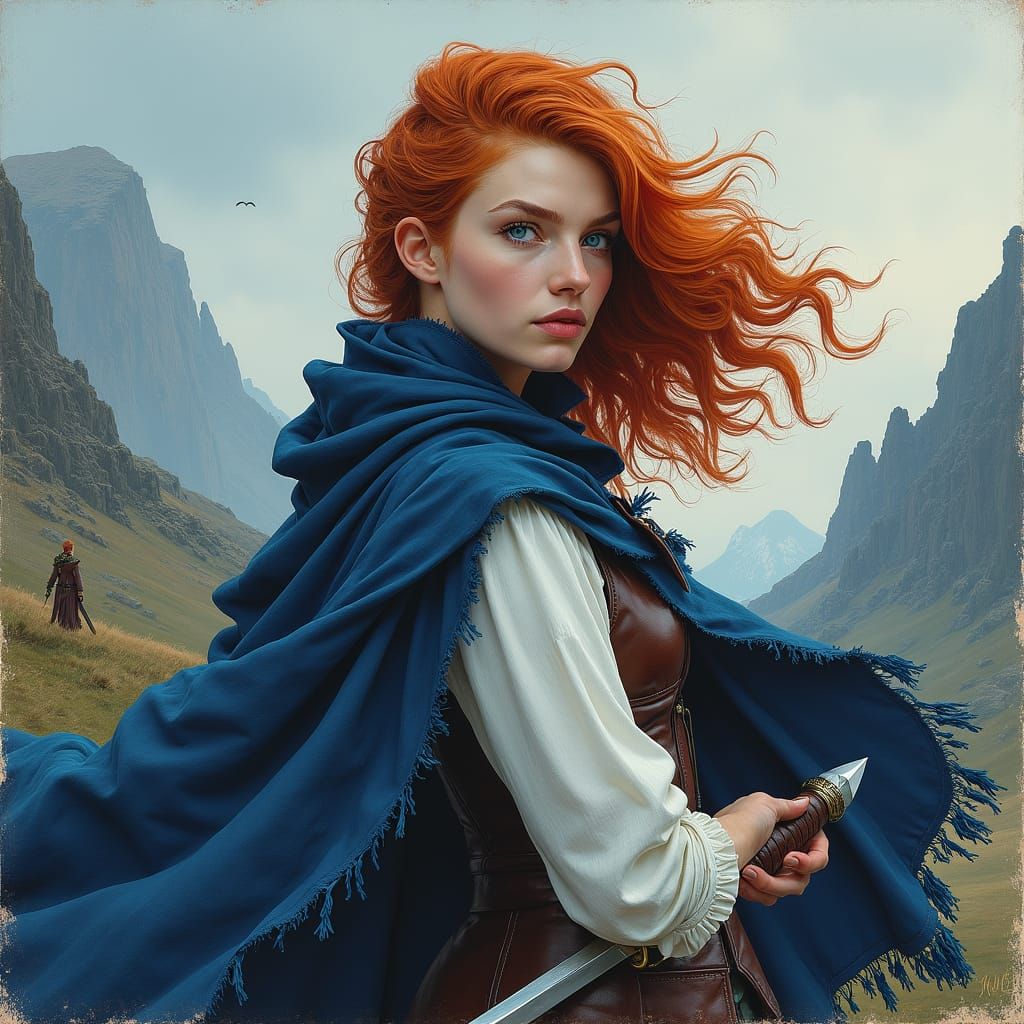 Auburn Haired Woman with Dagger, Colored Pencil Drawing